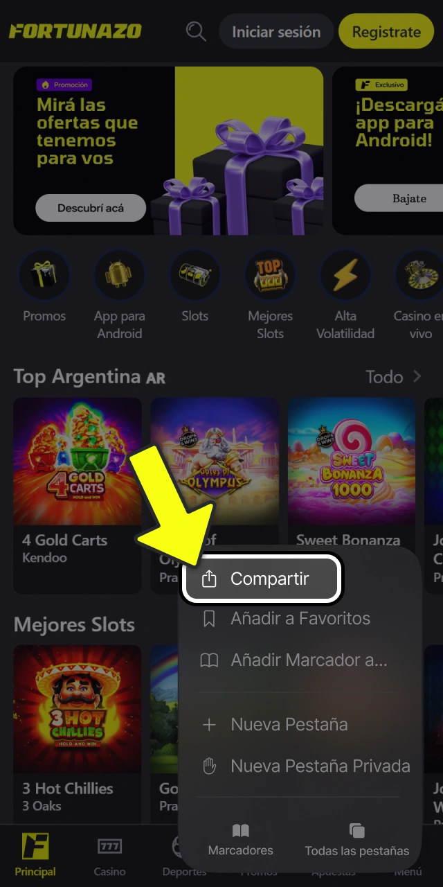 Abrí el menú compartir de Safari para guardar Fortunazo.