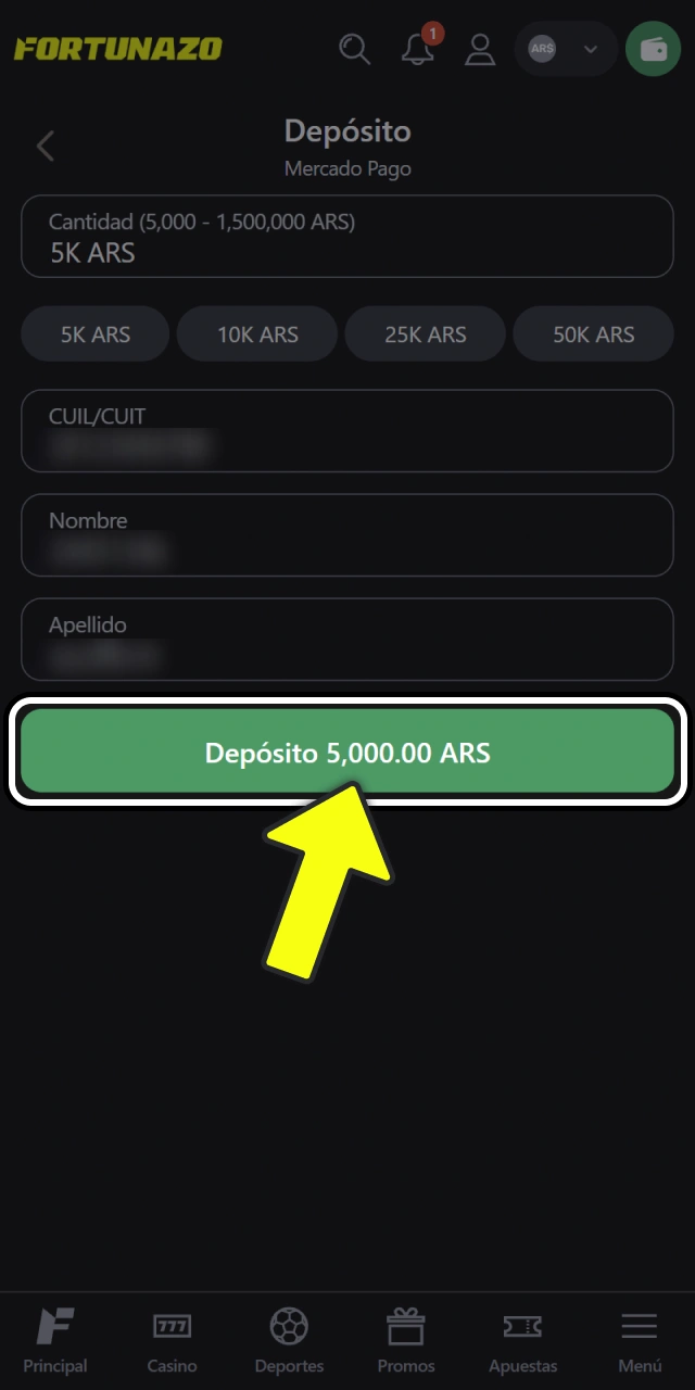 Realizá tu primer depósito de dinero real en Fortunazo.