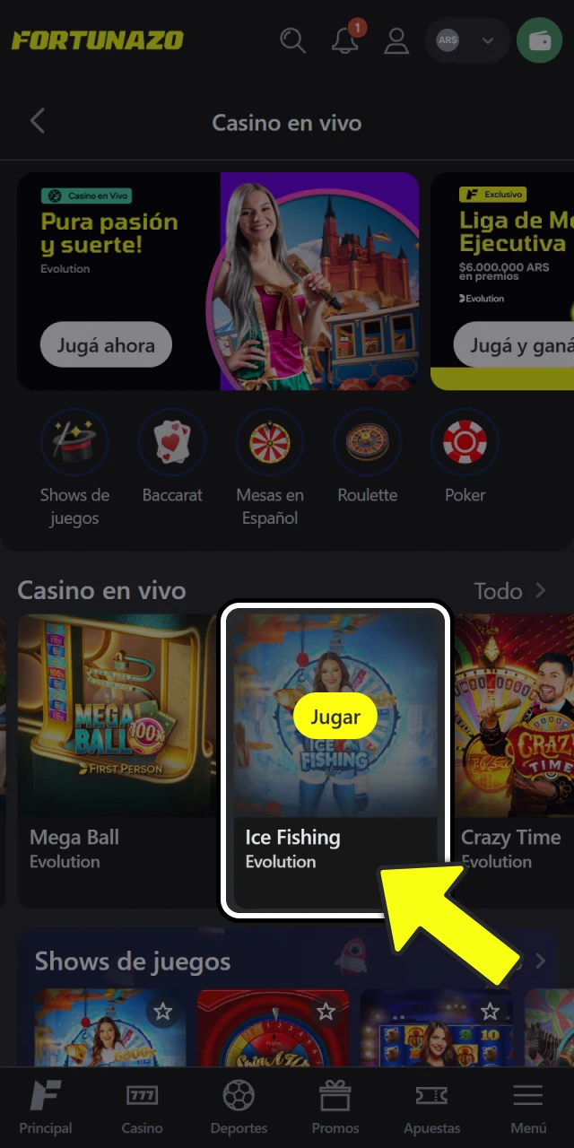 Ingresá a la sección de casino en vivo en Fortunazo.