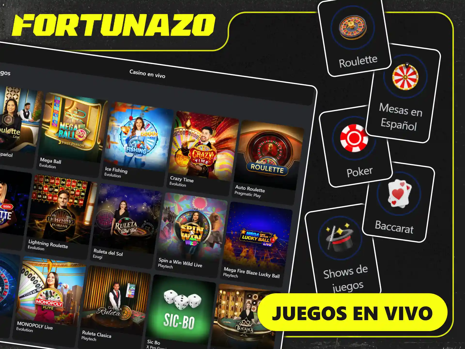 Explorá la oferta completa de juegos en vivo en Fortunazo.