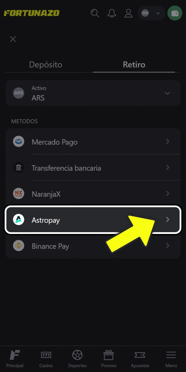 Elegí tu método de cobro preferido para retirar en Fortunazo.